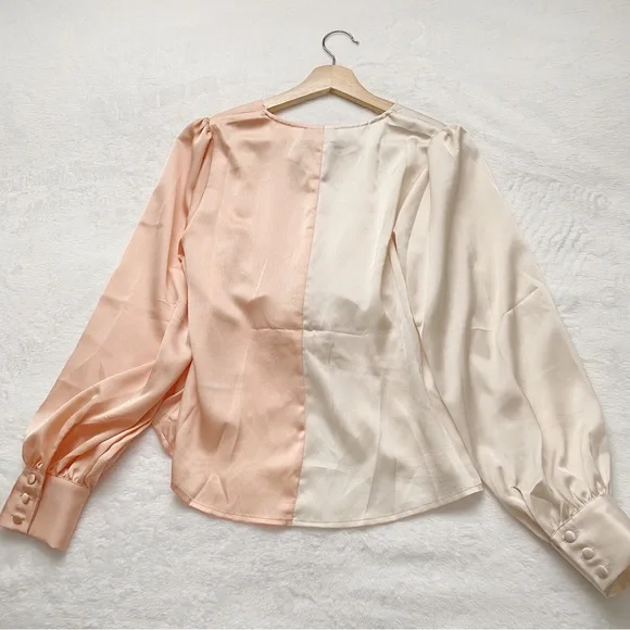 NWT Peach & Cream Color Block Twisted Front Blouse - Picture 8 of 11